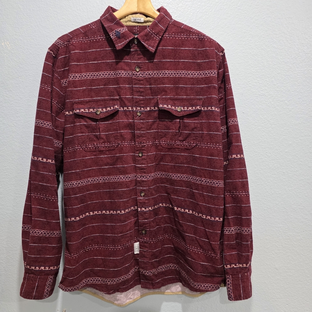 Rock Smith Classic Long Sleeve Shirt Burgundy Striped Button-Up Shirt XL.